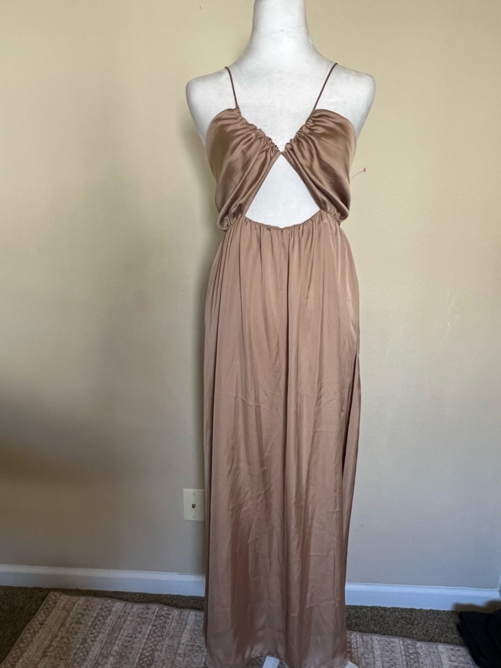Zara Women’s Taupe Cutout Maxi Dress with Spaghetti Straps